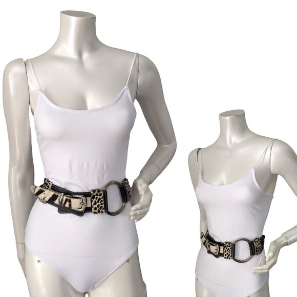 Vintage 90s La Doppia Vita Leather Pony Hair Belt Animal Print Braided Brown Whi - Picture 3 of 14